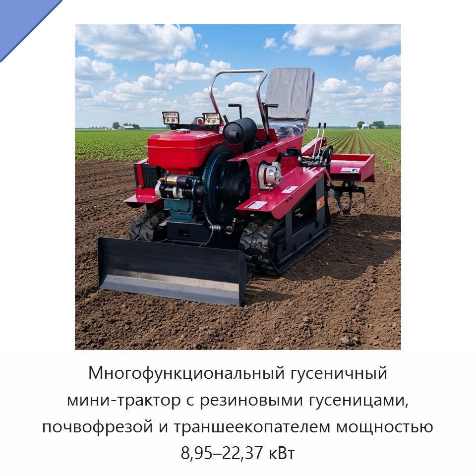 Многофункциональный гусеничный мини-трактор с резиновыми гусеницами, почвофрезой и траншеекопателем мощностью 8,95–22,37 кВт