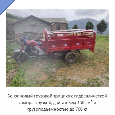 Бензиновый грузовой трицикл с гидравлической саморазгрузкой, двигателем 150 см³ и грузоподъёмностью до 700 кг